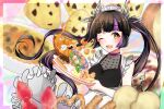  1girl alternate_costume apron bangs black_hair black_shirt blunt_bangs blurry blurry_background blush breasts cleavage commentary_request dameyoshi demon_girl demon_horns demon_tail enmaided eyebrows_visible_through_hair food fruit hamburger_steak heart heart_print highres holding holding_plate horns karaage kojo_anna lemon lemon_slice long_hair looking_at_viewer maid maid_apron maid_headdress medium_breasts multicolored_hair one_eye_closed open_mouth plate pointy_ears print_shirt purple_hair see-through_shirt shirt sleeveless sleeveless_shirt smile solo strawberry sugar_lyric tail takoyaki twintails two-tone_hair upper_body virtual_youtuber white_apron yellow_eyes 