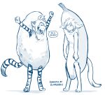  2022 anthro banana barefoot basitin blue_and_white clothed clothing conditional_dnp costume dialogue digitigrade duo english_text eyes_closed feet felid female flora_(twokinds) food fruit fur hi_res humor keidran keith_keiser male mammal monochrome pantherine plant potato raised_arms sketch smile striped_body striped_fur stripes text tiger tom_fischbach twokinds vegetable webcomic 
