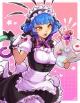  1girl alternate_costume apron bangs black_bow black_dress blue_hair blush bow breasts cowboy_shot dress enmaided food freckles frilled_dress frills gloves hair_ornament hands_up heart holding large_breasts league_of_legends maid maid_headdress medium_hair neeko_(league_of_legends) notice_lines open_mouth outline pink_background pink_hair solo spoon tail tail_bow tail_ornament teeth upper_teeth vmat white_gloves white_outline 