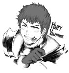  armor biting candy chocolate facial_hair food gloves happy_valentine heart heart-shaped_chocolate highres in_mouth looking_at_viewer male_focus medium_hair monochrome one_eye_closed pauldrons shoulder_armor sketch smile stubble valentine zanki 