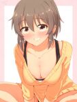  1girl blush breasts brown_hair cleavage collarbone grin hori_yuko idolmaster idolmaster_cinderella_girls indian_style large_breasts no_pants out_of_frame outside_border panties panty_peek simple_background sitting smile solo susutaketakumi sweater two-tone_background underwear v-neck yellow_sweater 