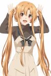  1girl :d asuna_(sao) bangs black_bow black_sweater blush bow brown_eyes brown_hair bunching_hair dress eyebrows_visible_through_hair hair_between_eyes hair_down lieass long_hair looking_at_viewer open_mouth pinafore_dress shiny shiny_hair simple_background sleeveless sleeveless_dress smile solo standing sweater sword_art_online very_long_hair white_background white_dress 