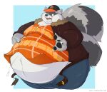  absurd_res anthro baseball_cap belly belt big_belly button_pop chubby_cheeks claws clothed clothing dewlap_(anatomy) double_chin facial_markings fur grey_body grey_fur hat head_markings headgear headwear heavy_doodles hi_res male mammal markings mask_(marking) moobs obese obese_anthro obese_male open_mouth overweight overweight_anthro overweight_male procyonid raccoon ring_(marking) ringtail rocky_ramos solo straining_buttons surprise tail_markings teeth thick_thighs tight_clothing tongue torn_clothing 