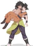  2boys abs areolae broly_(dragon_ball_super) carrying clothes_around_waist couple dragon_ball dragon_ball_super dragon_ball_super_broly full_body fur_(clothing) grin jacket jacket_around_waist kkkkkirrier large_pectorals male_focus multiple_boys muscular muscular_male pectorals princess_carry short_hair smile son_goku spiked_hair standing stomach topless_male yaoi 