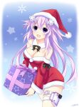  1girl absurdres adult_neptune alexstardust31 blue_background blush box breasts cleavage d-pad d-pad_hair_ornament detached_sleeves eyebrows_visible_through_hair gift gift_box hair_ornament hat highres holding holding_gift large_breasts long_hair long_sleeves looking_at_viewer neptune_(series) open_mouth purple_eyes purple_hair red_headwear santa_costume santa_hat smile snowflakes solo 