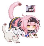  1girl all_fours animal arknights black_hair blue_bow blue_jacket bow braid cat chibi commentary crying crying_with_eyes_open floppy_ears goldenglow_(arknights) hair_bow hair_ornament hairclip imitating jacket lightning_bolt_print long_hair multicolored_clothes multicolored_jacket pink_footwear pink_hair pink_jacket scottish_fold screencap_inset shoes solo spacelongcat stretch tears thighhighs two-tone_jacket white_legwear yellow_eyes 