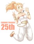  1girl blonde_hair breasts choker chrono_trigger full_body green_eyes jewelry keito_nagumo long_hair looking_at_viewer marle_(chrono_trigger) open_mouth ponytail simple_background smile solo toeless_footwear v white_background 