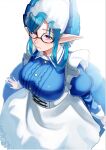  1girl apron blue_hair blue_horns breasts collared_dress dragon_girl dragon_horns feet_out_of_frame frilled_apron frills glasses hat highres horns large_breasts long_sleeves maid maid_headdress melusine_(housamo) mob_cap pink_eyes pointy_ears puffy_long_sleeves puffy_sleeves short_hair smile solo tokyo_afterschool_summoners white_background zeroru1111 