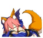  1girl animal_ear_fluff animal_ears blue_bow blue_kimono blue_ribbon bow closed_eyes eyebrows_visible_through_hair fate/extella fate/extra fate/extra_ccc fate/grand_order fate_(series) fox_ears fox_girl fox_tail hair_ribbon japanese_clothes kimono long_hair lying on_side pink_hair rhy1356 ribbon simple_background sleeping solo split_ponytail tail tamamo_(fate) tamamo_no_mae_(fate/extra) transparent_background 