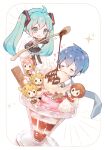  aqua_eyes aqua_hair blue_eyes blue_hair chibi food happy_birthday hatsune_miku highres holding holding_spoon ice_cream kagamine_len kagamine_rin kaito_(vocaloid) long_sleeves megurine_luka meiko niwako scarf short_hair simple_background spoon syrup twintails vocaloid 