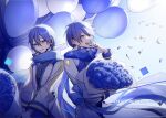  2boys anniversary balloon blue_eyes blue_flower blue_hair blue_rose blue_theme coat dual_persona flower happy_birthday highres holding holding_flower kaito_(vocaloid) kaito_(vocaloid3) long_sleeves multiple_boys ribbon rose scarf smile vocaloid ziling 