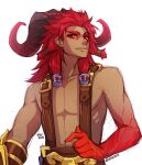  1boy artist_name bangs closed_mouth collarbone colored_skin dark-skinned_male dark_skin english_commentary horns league_of_legends long_hair looking_at_viewer male_focus ornn personification red_eyes red_hair red_skin shiny shiny_hair simple_background smile solo upper_body vmat white_background 