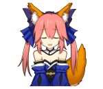  1girl animal_ear_fluff animal_ears bare_shoulders blue_bow blue_kimono blue_ribbon bow breasts cleavage closed_eyes detached_sleeves eyebrows_visible_through_hair fate/extella fate/extra fate/grand_order fate_(series) fox_ears fox_girl fox_tail hair_ribbon japanese_clothes kimono large_breasts open_mouth pink_hair rhy1356 ribbon simple_background solo split_ponytail tail tamamo_(fate) tamamo_no_mae_(fate/extra) transparent_background 