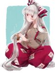  1girl baggy_pants bangs beige_shirt bow buttons collared_shirt combing footwear_bow fujiwara_no_mokou hair_bow highres hime_cut long_hair long_sleeves mokoiscat ofuda ofuda_on_clothes pants red_eyes red_footwear red_pants shirt sidelocks silver_hair sitting sleeve_garter solo suspenders touhou very_long_hair white_background white_bow white_hair 