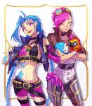  2girls armored_boots artist_name asymmetrical_bangs bandaged_hand bandages bangs belt black_belt black_choker boots bra braid brown_jacket character_print choker collarbone crossed_arms goggles goggles_on_head jacket jinx_(league_of_legends) league_of_legends leather minion_(league_of_legends) multiple_girls navel open_clothes open_jacket pink_eyes pink_hair pink_legwear pink_shorts shiny shiny_hair short_hair short_shorts shorts siblings single_thighhigh sisters smile striped striped_bra teeth thighhighs twin_braids underwear upper_teeth vi_(league_of_legends) vmat 