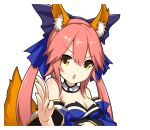  1girl animal_ear_fluff animal_ears bare_shoulders blue_bow blue_kimono blue_ribbon bow breasts cleavage detached_sleeves eyebrows_visible_through_hair fate/extella fate/extra fate/extra_ccc fate/grand_order fate_(series) fox_ears fox_girl fox_tail hair_ribbon japanese_clothes kimono large_breasts looking_at_viewer open_mouth pink_hair rhy1356 ribbon simple_background solo split_ponytail tail tamamo_(fate) tamamo_no_mae_(fate/extra) transparent_background yellow_eyes 