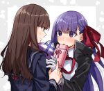  bb_(fate) bb_(fate/extra) black_coat blush box box_of_chocolates brown_eyes brown_hair coat fate/extra fate_(series) gloves heart-shaped_box highres kishinami_hakuno_(female) leotard nervous nervous_smile purple_eyes purple_hair red_ribbon ribbon skirt tsukumihara_academy_uniform_(fate/extra_ccc) valentine wasa_(wanosabi) white_leotard 