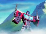  1boy autobot blue_eyes clenched_hands english_commentary glowing glowing_eyes josh_(jcburcham) mecha mountain optimus_prime science_fiction solo standing transformers transformers:_earth_spark 