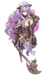  1girl absurdres armor armored_dress axe black_armor black_capelet black_panties breasts camilla_(fire_emblem) capelet cleavage fire_emblem fire_emblem_fates from_above gloves grey_background hair_ornament hair_over_one_eye hand_on_hip highres holding holding_axe holding_weapon large_breasts lips long_hair looking_at_viewer one_eye_covered panties pelvic_curtain purple_eyes purple_gloves purple_hair sidelocks simple_background solo standing subakeye tiara underwear very_long_hair wavy_hair weapon 