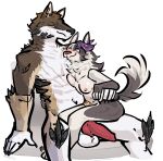  alpha_channel anthro arm_around_waist canid canine chastity_cage chastity_device chest_tuft cuddling duo genitals gynomorph hair intersex intersex/male jam_(artist) knot male mammal multi_nipple nipples penis penis_size_difference purple_hair size_difference tuft 