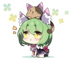  1girl animal_ear_fluff animal_ears animal_on_head arm_support bangs black_legwear blush braid breasts cat chibi colored_shadow commentary_request copyright_request eyebrows_visible_through_hair floral_background green_hair hair_between_eyes highres long_hair medium_breasts milkpanda on_head parted_lips plaid plaid_skirt pleated_skirt puffy_short_sleeves puffy_sleeves shadow shirt short_eyebrows short_sleeves single_braid skirt socks solo thick_eyebrows white_background white_shirt yellow_eyes 
