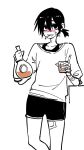  1boy alcohol bandages bandaid bandaid_on_face blush bottle cigarette cup drinking_glass drooling grin highres lee_hoon liquor looking_at_viewer male_focus mouth_drool older parkgee short_ponytail short_shorts shorts simple_background sketch smile solo suicide_boy whiskey white_background 