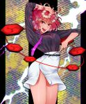  1girl arm_up belt black_shirt cowboy_shot drum drumsticks electricity highres horikawa_raiko instrument looking_at_viewer mitsudomoe_(shape) necktie no_jacket open_mouth purple_necktie red_eyes red_hair shirt sibata_maru skirt sleeves_rolled_up solo tomoe_(symbol) touhou white_skirt 