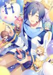  ^_^ ^o^ balloon blue_eyes blue_hair chibi chibi_on_shoulder closed_eyes coat gift happy_birthday hatsune_miku kagamine_len kagamine_rin kaito_(vocaloid) long_sleeves male_focus megurine_luka meiko musical_note scarf sinaooo smile solo_focus stuffed_toy takoluka vocaloid 