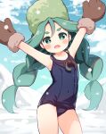  1girl armpits arms_up bangs bare_shoulders black_swimsuit blue_sky blush_stickers braid brown_mittens cloud collarbone covered_navel day fur-trimmed_mittens fur_hat fur_trim green_eyes green_hair green_headwear hanamiya_natsuka hat leaning_to_the_side low_twintails mittens old_school_swimsuit one-piece_swimsuit open_mouth outdoors parted_bangs pokemon pokemon_(game) pokemon_legends:_arceus sabi_(pokemon) school_swimsuit short_eyebrows sky snow snowing solo swimsuit teeth thick_eyebrows twin_braids twintails upper_teeth 