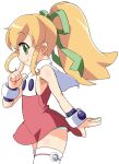  1girl blonde_hair closed_mouth dress green_eyes green_ribbon hair_ribbon highres ki_(adotadot) long_hair looking_at_viewer mega_man_(classic) mega_man_(series) panties ponytail red_dress red_skirt ribbon roll_(mega_man) simple_background skirt smile solo thighhighs underwear white_background 