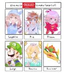  3boys 3girls aubz bangs blonde_hair blue_eyes bowser brown_hair character_name clenched_hand company_connection crown eyebrows_visible_through_hair fairy fairy_wings fang gloves green_headwear green_shirt hair_behind_ear hair_over_one_eye heart heart_hands highres holding holding_wand kid_icarus kid_icarus_uprising kirby kirby_(series) kirby_64 logo luigi luma_(mario) mario_(series) may_(pokemon) multiple_boys multiple_girls nintendo one_eye_covered open_mouth pit_(kid_icarus) pokemon pokemon_(game) pokemon_rse ribbon_(kirby) rosalina shirt six_fanarts_challenge smile super_mario_64 super_mario_galaxy v-shaped_eyebrows wand white_gloves wings 