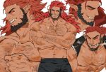  1boy bara beard body_hair cloak demon ear_piercing facial_hair gomihebi highres large_pectorals long_hair looking_at_viewer male_focus muscular muscular_male navel navel_hair nipples original pants pectorals piercing pointy_ears smile torn_cloak torn_clothes tusks yaoi 