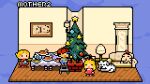  1boy 2girls blonde_hair christmas christmas_ornaments christmas_tree copyright_name dog doseisan highres indoors king_(mother_2) ladder mother_(game) mother_2 multiple_girls ness&#039;s_mother pixel_art short_hair table tracy_(mother_2) wanpaku_pixels 