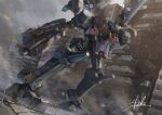  armored_core armored_core_3 gun headless holding holding_gun holding_weapon hukutuuprunes leaning_forward mecha missile_pod missing_limb science_fiction signature smoke solo weapon 