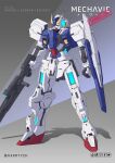  blue_eyes character_name clenched_hand commission english_commentary gun gundam gundam_00 gundam_raphael harryych highres holding holding_gun holding_weapon mecha no_humans redesign science_fiction shadow shield solo standing v-fin weapon 