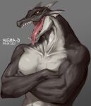  2021 absurd_res anthro biceps black_body black_skin collarbone countershade_face countershade_neck countershade_torso countershading crossed_arms dated digital_media_(artwork) dragon ear_frill frill_(anatomy) gradient_background grey_background half-closed_eyes half-length_portrait hi_res horn kemono male membrane_(anatomy) membranous_frill multicolored_body multicolored_skin narrowed_eyes nipples open_mouth pecs pink_nipples pink_tongue portrait sharp_teeth sigma-d signature simple_background solo tattoo teeth tongue tongue_out two_tone_body two_tone_skin white_body white_countershading white_horn white_membrane white_skin yellow_eyes 