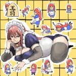  81diver angry apron bell blue_eyes board_game crying eating glasses grid_background lying maid maid_apron maid_headdress mole mole_under_eye mole_under_mouth multiple_persona nakashizu_soyo neck_bell neck_ribbon on_side red_hair ribbon shogi_piece shougosan sleeping thighhighs 