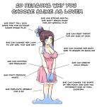  1girl absurdres bare_shoulders blue_hair blush breasts brown_hair cleavage diagram dress english_text greenteaneko highres large_breasts long_hair looking_at_viewer monster_girl multicolored_hair original pink_dress pointy_ears ponytail slime_girl smile solo 
