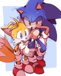  2boys animal_nose blue_eyes cellphone fox_boy furry furry_male gloves green_eyes half-closed_eye holding holding_phone male_focus misuta710 multiple_boys multiple_tails open_mouth phone shoes smartphone sneakers sonic_(series) sonic_the_hedgehog sweatdrop tail tails_(sonic) two_tails white_gloves 