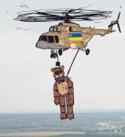  aircraft animatronic anthro black_sclera brown_body brown_fur camo city city_background five_nights_at_freddy&#039;s flying freddy_(fnaf) fur hanging_(disambiguation) helicopter japversus machine male mammal mi-8 midair military military_vehicle necktie robot scottgames sky solo ukraine ukrainian_flag ursid video_games what wheel white_eyes 