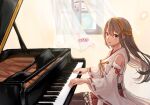  1girl bangs brown_eyes brown_hair brown_legwear curtains detached_sleeves hair_between_eyes hair_ornament hairclip haruna_(kancolle) headgear instrument kantai_collection long_hair looking_back music nontraditional_miko petals piano piano_keys playing_instrument playing_piano signature thighhighs wind window wss_(nicoseiga19993411) 