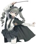  1girl absurdres anchovy_(girls_und_panzer) arm_up bangs black_cape black_necktie black_ribbon blue_skirt blush brown_eyes cape cropped_legs drill_hair girls_und_panzer grey_hair hair_ribbon highres holding long_hair long_sleeves looking_at_viewer necktie pantyhose parted_lips ribbon riding_crop shirt simple_background skirt solo tachibana_wataru_(123tsuki) twin_drills twintails white_background white_legwear white_shirt 
