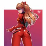  1girl ass blue_eyes border brown_hair contrapposto from_behind gradient gradient_background highres interface_headset long_hair looking_at_viewer neon_genesis_evangelion outside_border plugsuit ryness shiny shiny_clothes solo souryuu_asuka_langley thighs tight two_side_up v white_border 