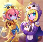  2girls alternate_costume animal_costume artist_name bangs bird_costume bird_hat blonde_hair blurry blurry_background cowboy_shot curtains green_eyes green_hair holding indoors league_of_legends little_legend looking_at_viewer multicolored_hair multiple_girls official_alternate_costume pengu_cosplay_tristana penguin_costume pink_hair poppy_(league_of_legends) shield sitting smile stuffed_animal stuffed_penguin stuffed_toy tristana two-tone_hair vmat wrench yordle 