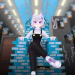  1girl animal_ear_fluff animal_ears bildschirm14 blue_nails blush closed_mouth crossed_legs filian_(vtuber) foot_out_of_frame hair_ornament highres indie_virtual_youtuber minecraft nail_polish purple_eyes purple_hair short_hair sitting snack virtual_youtuber welch&#039;s x_hair_ornament 