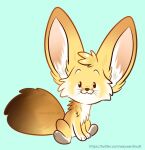  ambiguous_gender big_ears canid canine chibi fennec feral fox looking_at_viewer mammal paws sitting smile snaggle_tooth solo watermark waywardmutt 