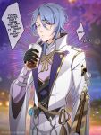  1boy artist_name black_gloves blue_eyes blue_hair bubble_tea commentary drink drinking drinking_straw english_commentary english_text eyebrows_visible_through_hair genshin_impact gloves highres holding holding_drink japanese_clothes kamisato_ayato speech_bubble yeobosan 