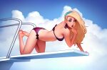  1girl all_fours barefoot bikini black_bow blonde_hair blue_hairband blue_sky bow breasts character_request check_character cloud cloudy_sky day diving_board earrings from_side hairband highres jewelry large_breasts league_of_legends long_hair lux_(league_of_legends) open_mouth outdoors red_bikini sky solo swimsuit teeth tsuaii upper_teeth 