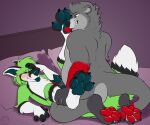  2022 4_toes 5_fingers anthro anthro_on_anthro anthro_penetrated anthro_penetrating anthro_penetrating_anthro canid canine carifoxleopard digital_media_(artwork) duo feet fingers fur green_body green_fur grey_body grey_fur lutrine male male/male male_penetrated male_penetrating male_penetrating_male mammal mustelid penetration sex smile toes 