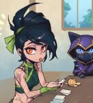  1boy 1girl akali arm_tattoo bare_arms bare_shoulders black_hair blue_eyes breasts cloud_tattoo crop_top green_shirt holding hood hood_up indoors kennen league_of_legends looking_at_viewer mask medium_breasts mouth_hold mouth_mask navel ninja paper phantom_ix_row shirt short_hair stomach table tattoo window yordle 